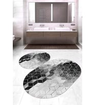 Dijital Baskılı Kaymaz Taban Yıkanabilir Oval 2'li Klozet Takımı Banyo Paspası NOKZ-HT-322 (Siyah)
