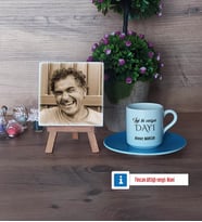 Dayıya Hediye Fotoğraflı Dekoratif Taş, Ahşap Altlıklı Türk Kahvesi Fincanı Hediye (Model 5)