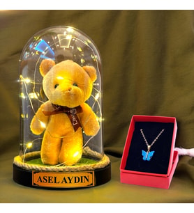 Kişiye Özel İsimli ve Kelebek Kolyeli Hediye Seti, Renkli Peluş ve Led Işıklı Fanus HA3 (Krem)