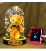 Kişiye Özel İsimli ve Kelebek Kolyeli Hediye Seti, Renkli Peluş ve Led Işıklı Fanus HA3 (Krem)