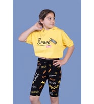 Toontoy Kız Çocuk Kapüşonlu Baskılı Biker Taytlı Takım (Sarı)