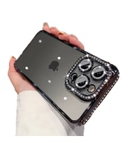 Uyumlu Model Apple iPhone 12 Pro Kılıf Koruma Lensli Taşlı Dizayn Şeffaf Kapak (Siyah)