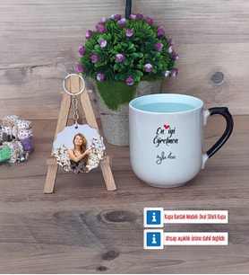 En İyi Öğretmen Kupa Bardak Beyaz ve Fotoğraflı Ahşap Anahtarlık Hediye (Model 10)