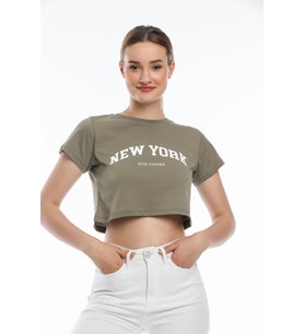 Süperlife Kadın Newyork Baskılı  Slim Fit  Tişort  SPR21Y15 (Açık Haki)