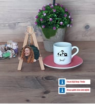 Sevimli Panda Türk Kahvesi Fincanı Ahşap Altlıklı ve Fotoğraflı Ahşap Anahtarlık Hediye (Model 6)