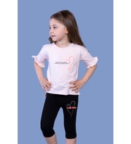 Toontoy Kız Çocuk Düşük Kol Büzgü Detaylı Baskılı Taytlı Takım (Pudra)
