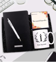 Kişiye Özel Kupa & Siyah Defter &Gümüş Renk Detaylı Tükenmez Kalem Hediye Seti (Beyaz)