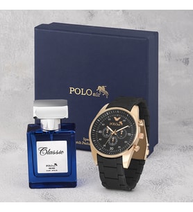 Polo Air Erkek Silikon Kordon Kol Saati Ve Parfüm Seti Hediyelik Kutusunda Kombin PL-0982E (Siyah-Bakır)