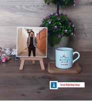 Erkek Türk Dili ve Edebiyatı Öğretmenine Hediye Fotoğraflı Dekoratif Taş, Ahşap Altlıklı Türk Kahvesi Fincanı Hediye (Model 1)