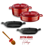 Lava Döküm 5X Trendy Serisi Döküm Demir Tencere Tava Çeyiz Seti (Kırmızı)