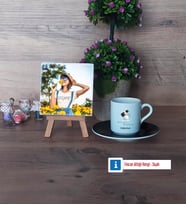 Geometri Öğretmeni Fotoğraflı Dekoratif Taş, Ahşap Altlıklı Türk Kahvesi Fincanı Hediye (Model 7)
