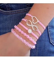 Sonsuzluk - Kalp- Kristal Makrome İp Bileklik Takımı Set (Pembe)