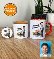 Kişiye Özel Karikatürlü Emlakçı Hediye Seti Kupa Bardak, Kalemlik, Anahtarlık Emlakçı Hediyeleri (Turuncu)