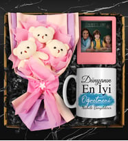Öğretmenler Gününe Özel Kişiye Özel Tasarım Kupa & Peluş Ayıcık Buketi & Kişiye Özel Fotoğraf Çerçevesi (Mavi)