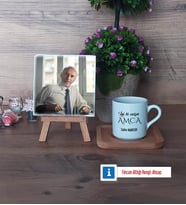 Amcaya Hediye Fotoğraflı Dekoratif Taş, Ahşap Altlıklı Türk Kahvesi Fincanı Hediye (Model 1)