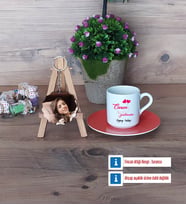 Öğretmene Hediye Türk Kahvesi Fincanı Ahşap Altlıklı ve Fotoğraflı Ahşap Anahtarlık Hediye Öğretmenler Günü Hediyesi (Model 8)