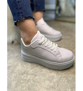 Günlük Kadın Sneaker Bağcıklı Kalın Yüksek Taban Leopar Detay Spor Ayakkabı 065 (Beyaz Simli)