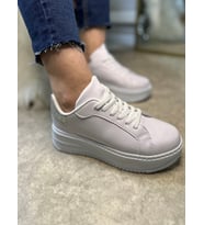 Günlük Kadın Sneaker Bağcıklı Kalın Yüksek Taban Leopar Detay Spor Ayakkabı 065 (Beyaz Simli)