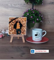 Sevimli Panda Fotoğraflı Dekoratif Taş, Ahşap Altlıklı Türk Kahvesi Fincanı Hediye (Model 8)