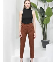 Yüksek Bel Kemerli Cotton Kumaş Havuç Pantolon (Kahverengi)