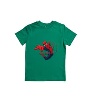 Spiderman baskılı örümcek adam pamuklu penye kumaş yazlık çocuk tişört (Yeşil)