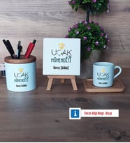 Uçak Mühendisi Hediye Seti Dekoratif Taş, Kalemlik, Ahşap Altlıklı Türk Kahvesi Fincanı Hediye (Model 1)