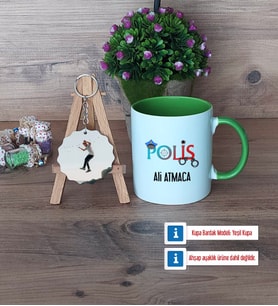 Polis Kupa Bardak Beyaz ve Fotoğraflı Ahşap Anahtarlık Hediye (Model 14)
