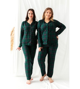 Nisanca Kışlık Düğmeli Ekose Desen Yılbaşı Temalı  Kadın Süet Pijama Takımı (Yeşil)