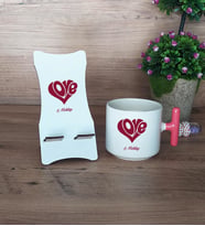 Love Sevgili Hediye Sepeti Kupa Bardak T Kulplu ve Ahşap Telefon Standı Sevgiliye Sevgililer Günü Hediyesi (Model 4)