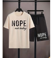 AMOR MAN ÖZEL TASARIM NOPE BASKILI PAMUK ULTRA HAFİF DIŞ MEKAN ERKEK T-SHIRT ŞORT TAKIMI (Bej)