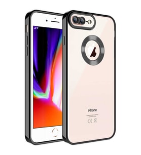 Apple iPhone 8 Plus Kılıf Logo Yeri Açık Kamera Lens Korumalı Renkli Kenarlı Şeffaf Silikon (Siyah)