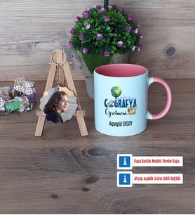 Coğrafya Öğretmeni Kupa Bardak Beyaz ve Fotoğraflı Ahşap Anahtarlık Hediye Öğretmenler Günü Hediyesi (Model 6)