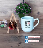 Halaya Hediye Kupa Bardak Beyaz ve Fotoğraflı Ahşap Anahtarlık Hediye (Model 5)