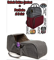 Portbebe Ana Kucağı Puset Bebek Taşıma + Anne Bebek Bakım Çantası 2 li Set (Bordo Süet)