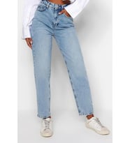Stil Kadın Moda Denim Kot Pantolon Regular Dar Paça Mavi Yüksek Bel Mom Jeans (Açık Mavi)