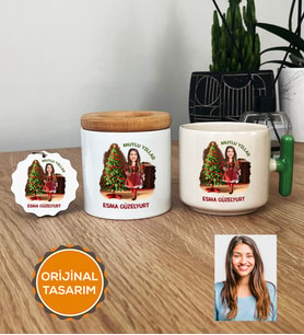Kişiye Özel Karikatürlü Yılbaşı Hediyesi Hediye Seti T Kupa, Kalemlik, Anahtarlık Noel Anneye Hediye (Yeşil)