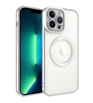 Uyumlu Model Apple iPhone 13 Pro Max Kılıf Magsafe Kenar Renkli Şeffaf Setro Kapak (Gümüş)