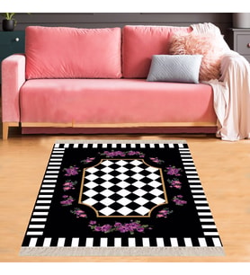 Geometrik Desenli Çiçek Motifli Dijital Baskı Yıkanabilir Kaymaz Taban Modern Salon Halısı (Siyah)