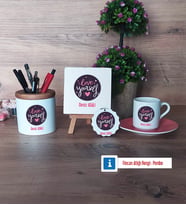 Love Yourself Hediye Seti Dekoratif Taş, Kalemlik, Ahşap Altlıklı Türk Kahvesi Fincanı, Ahşap Anahtarlık Hediye (Model 6)