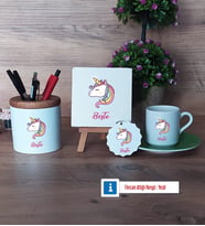 Unicorn Hediye Seti Dekoratif Taş, Kalemlik, Ahşap Altlıklı Türk Kahvesi Fincanı, Ahşap Anahtarlık Hediye (Model 9)