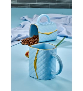 Çanta Şeklinde Lüx Seramik Gold Varaklı Tekli Kupa, Mug, Kupa Takımı, Nescafe Fincanı (Mavi)
