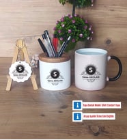Baş Harf ve İsim Soyisim Hediye Sepeti Kalemlik, Kupa Bardak Sihirli, Ahşap Anahtarlık Hediye (Model 1)