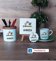 Muhasebeci Hediye Seti Dekoratif Taş, Kalemlik, Ahşap Altlıklı Türk Kahvesi Fincanı, Ahşap Anahtarlık Hediye (Model 9)