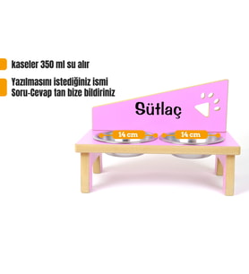 RealWood Ahşap Çelik Kâseli Özel İsim Baskılı Kedi-Köpek Mama Ve Su Kabı (Pembe)