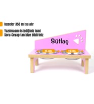 RealWood Ahşap Çelik Kâseli Özel İsim Baskılı Kedi-Köpek Mama Ve Su Kabı (Pembe)