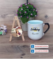 Happy Birthday Kupa Bardak Beyaz ve Fotoğraflı Ahşap Anahtarlık Hediye (Model 10)