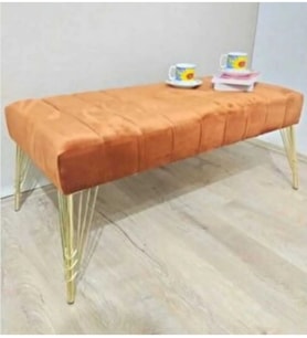 Modern Çizgi Model Puf Ayakucu Bench Gold Metal Ayak 100 Cm (Turuncu)