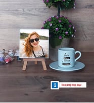 Arkadaşa Hediye Fotoğraflı Dekoratif Taş, Ahşap Altlıklı Türk Kahvesi Fincanı Hediye Doğum Günü Hediyesi (Model 2)
