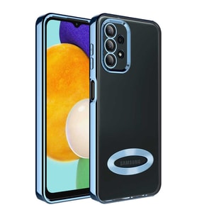 Samsung Galaxy A13 4G Kılıf Case, Logo Showing Serisi, Şeffaf, Kamera Korumalı, Logo Gösteren Renkli Çizgi Tasarım (Royal Mavi)