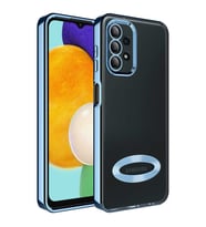 Samsung Galaxy A13 4G Kılıf Case, Logo Showing Serisi, Şeffaf, Kamera Korumalı, Logo Gösteren Renkli Çizgi Tasarım (Royal Mavi)